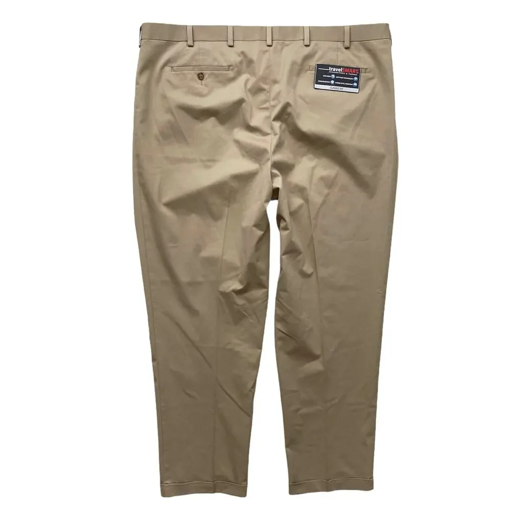 Roundtree Yorke Travel Smart Khaki Classic Fit Pleated Cuffed Pants 36 x 36